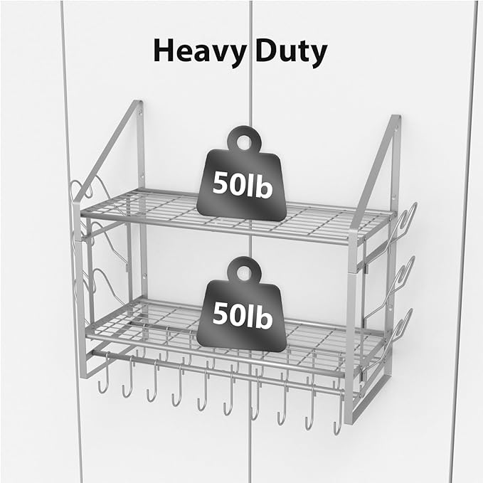 VyGrow 28 Inch Pot Rack Wall Mounted, 2 Tier Pots and Pans Organizer with 20 Hooks and 6 Pot Lid Holders, Heavy Duty Steel Pot and Pan Hanger for Kitchen Cookware Utensils Storage, Silver