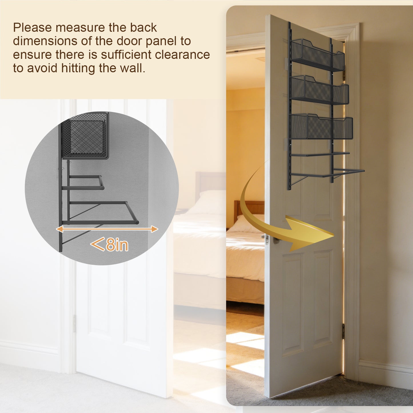 VyGrow Over The Door Clothes Hanging Rod with 3 Tier Mesh Baskets, Metal Over The Door Hanger for Coat, Clothes Drying Rack for Door for Laundry Bathroom Bedroom Office, Black