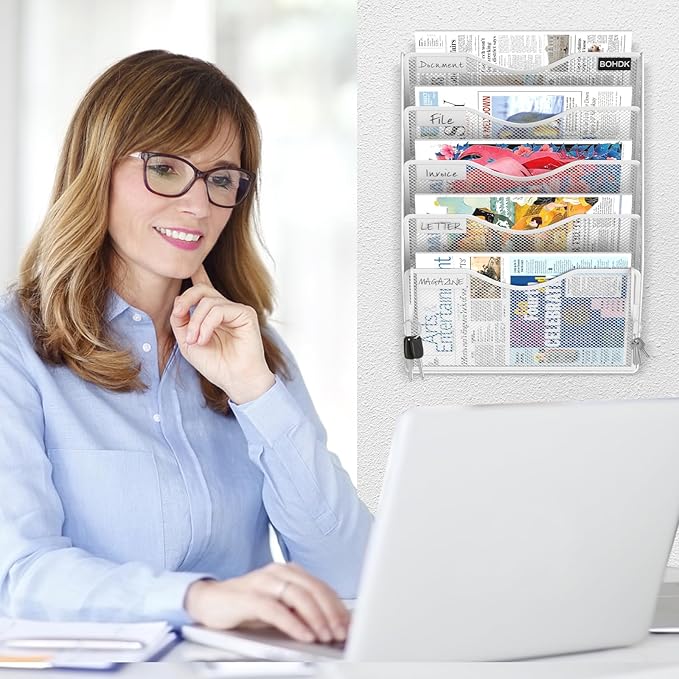 BOHDK Wall File Organizer, 5 Tire Hanging File Folder Organizer, Vertical Mesh Metal Door/Wall Mount Hanging File Holder, Paper Document Magazine Rack with Hooks for Home Office White