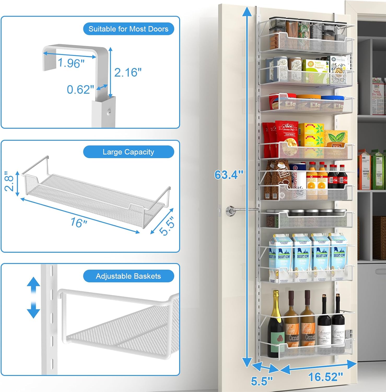 VyGrow Over the Door Pantry Organizer, 6-Tier Over the Door Organizer with Adjustable Basket, Pantry Door Organization for Pantry Kitchen Storage Room Spice Rack, White