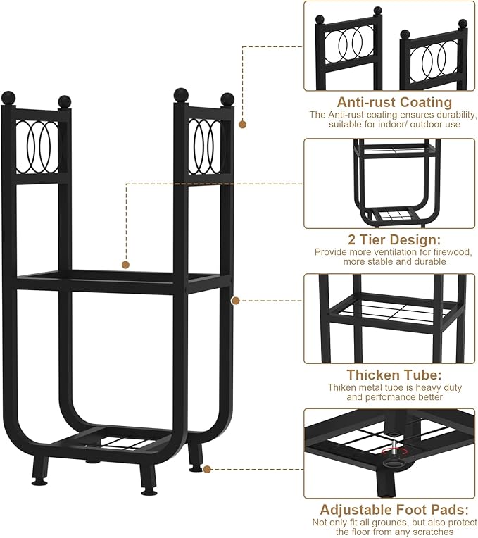 VyGrow Firewood Rack for Indoor Outdoor, 2-Tier Firewood Holder, Heavy Duty Wood Rack for Fireplace, Outdoor Patio, Fire Pit, Black