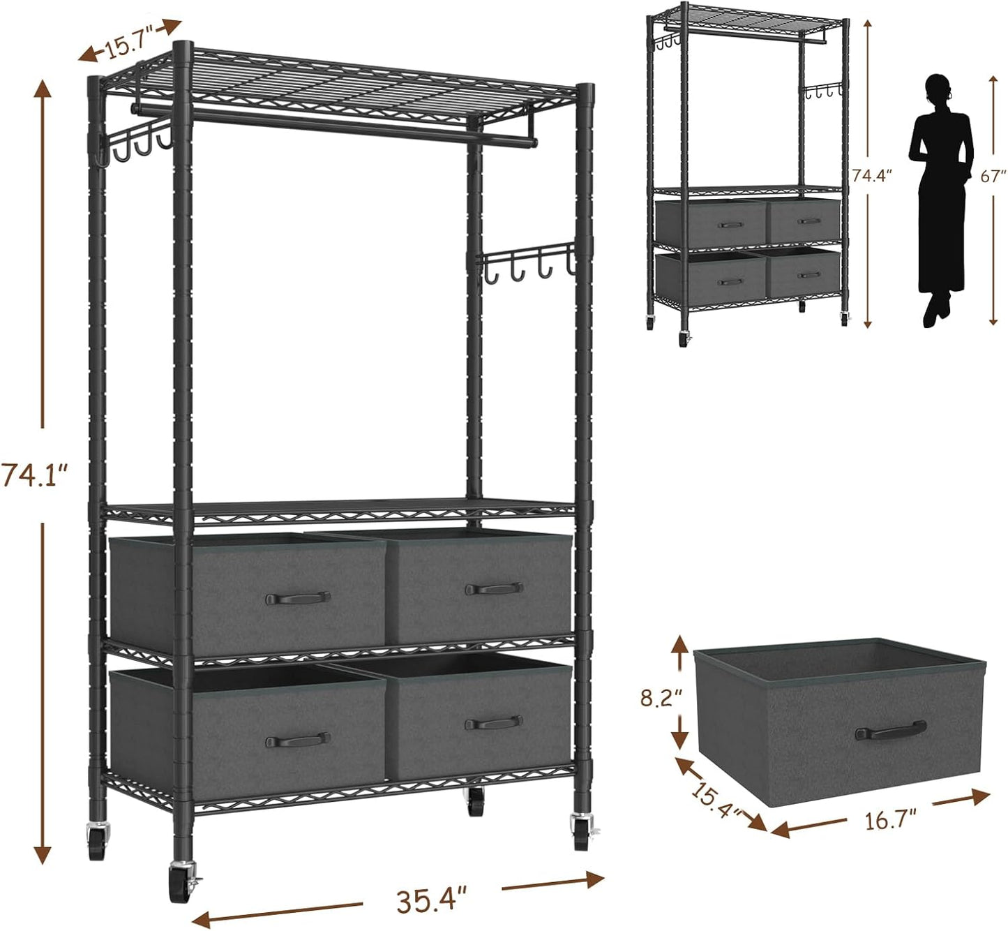 VyGrow Clothes Rack, Heavy Duty Clothing Rack for Hanging Clothes, 4-Tier Adjustable Closet Organizer with 4 Drawers | Hanging Rod | Side Hooks | Load 445lbs | 15.7" D x 35.4" W x 74.1" H