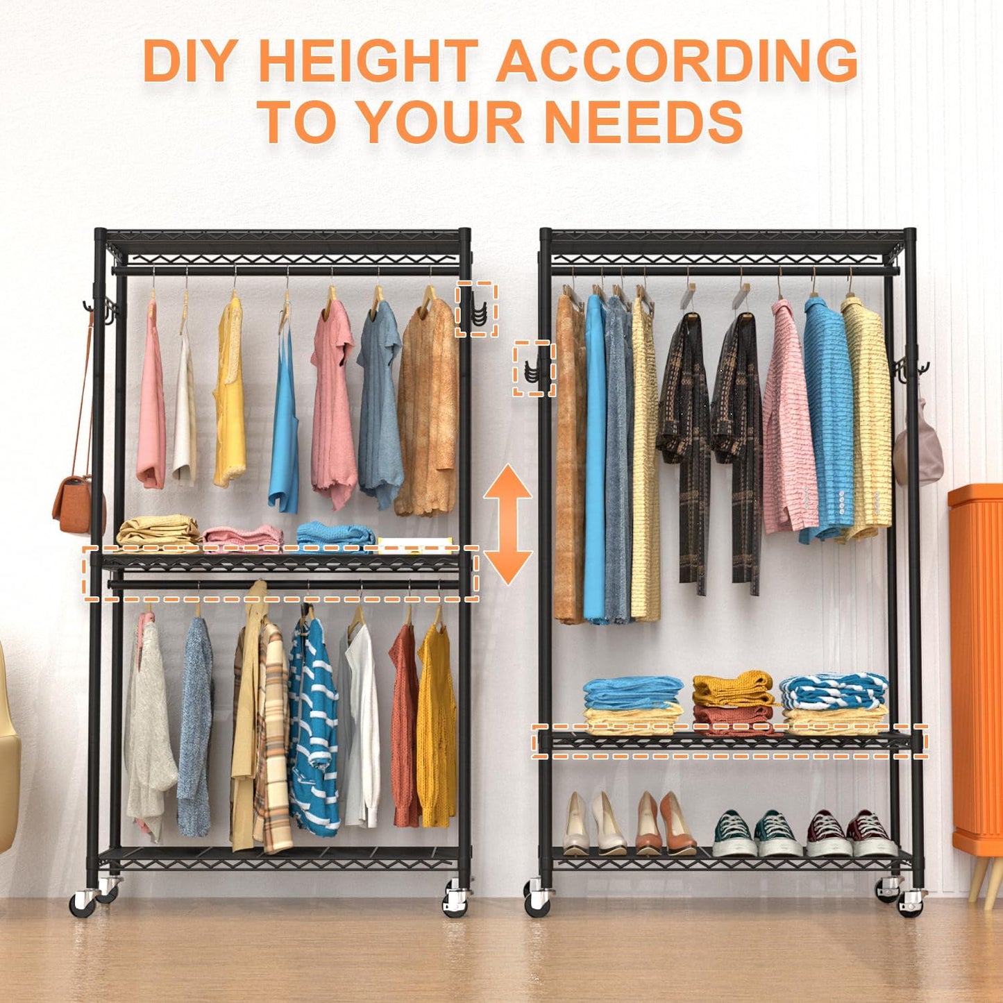 VyGrow Clothes Rack, Clothing Racks for Hanging Clothes, 3 Tiers Adjustable Garment Rack with Wheels | Double Rods | Side Hooks | Heavy Duty | Load 445lbs | 15.7" D x 35.43" W x 78.34" H | Black
