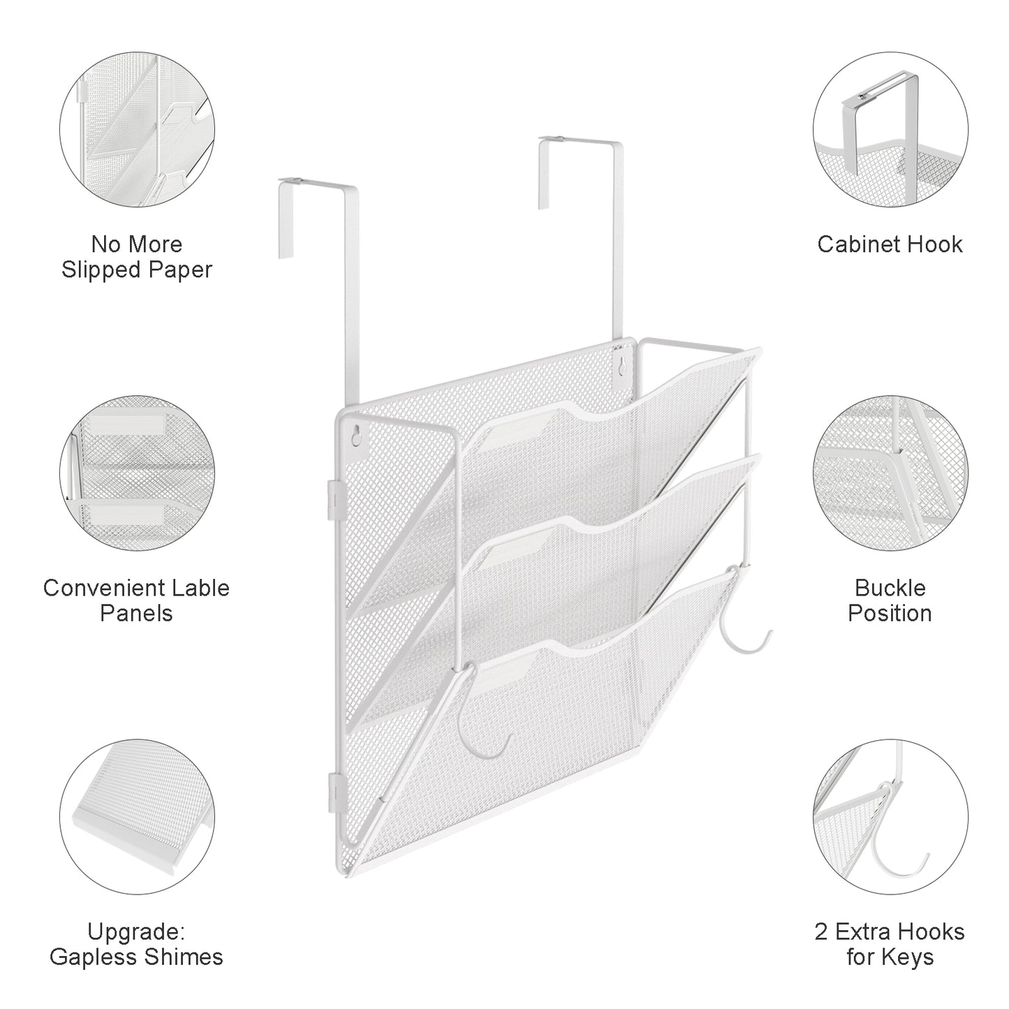 Wall File Organizer, Hanging File Folder Organizer, Vertical Mesh Metal Door/Wall Mount Hanging File Holder. Paper Document Magazine Rack with Hooks for Home Office Black (3 Pockets White)