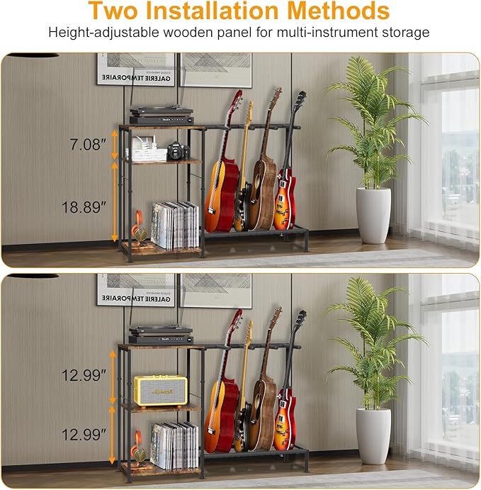 NEYCIL Guitar Stand for 4 Guitars, Adjustable Multiple Guitars Rack with Soft-Padded Protector for Acoustic, Electric, Bass & Ukulele, Guitar Display Stand with 3-tier Shelves for Amp & Vinyl Records
