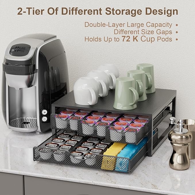 NEYCIL Coffee Pod Holder For Counter, 3 Pull-Out 72 K-Cup Holder Drawer, Wooden Cafe Pods Storage Organizer with Sliding Drawers for Coffee Station, Home, Kitchen, Office, Dorm, Black