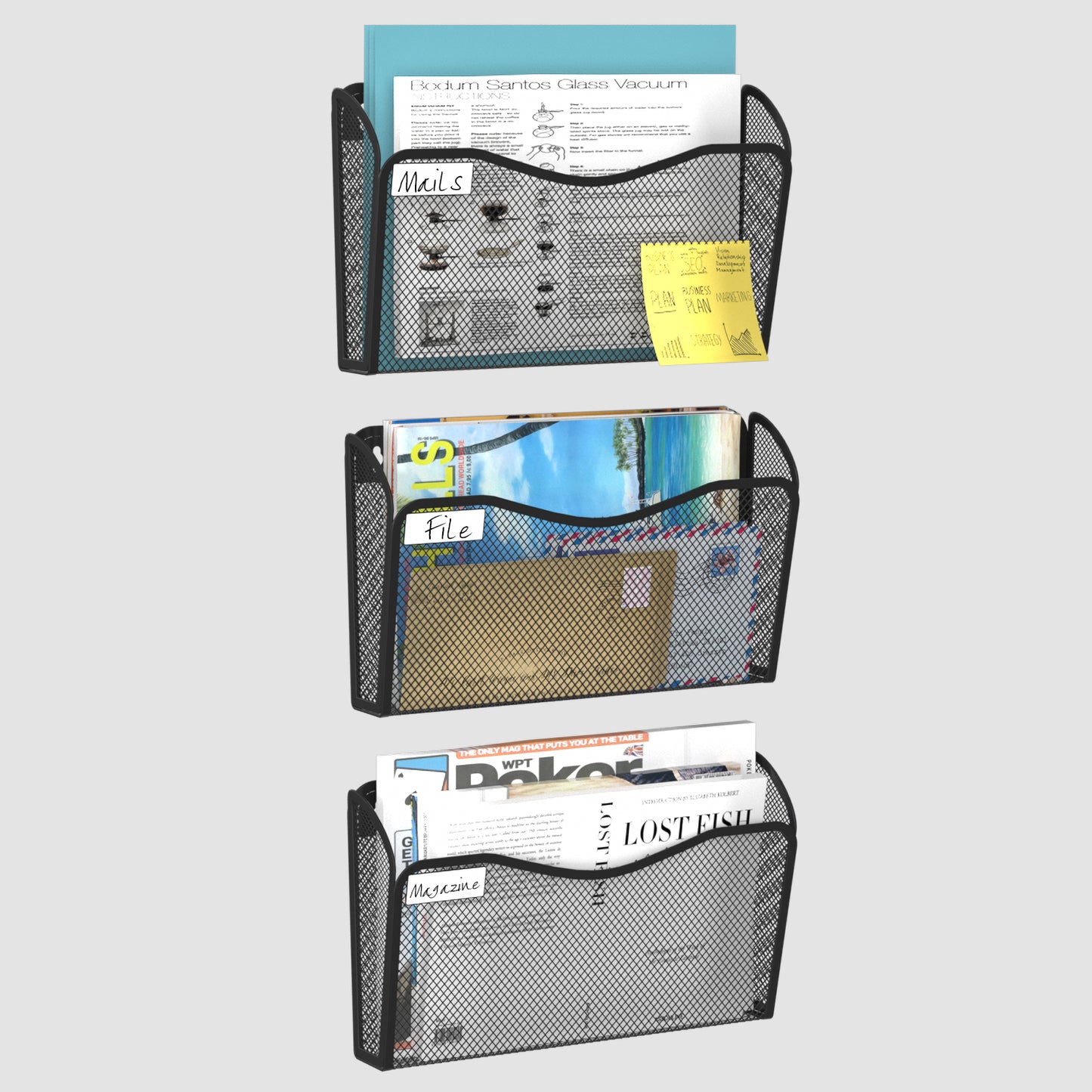 BOHDK Wall File Organizer, Mesh Hanging File Organizer, Home Office Organization and Storage, 6 Single Pockets Document Magazine Rack
