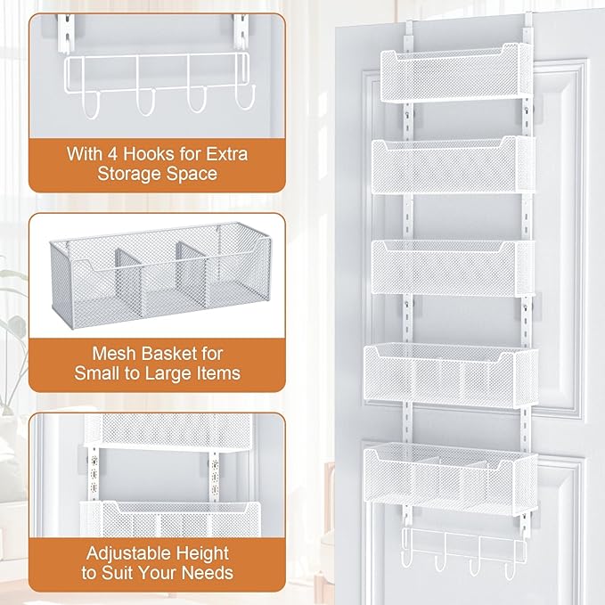 VyGrow Over The Door Organizer, Metal Door Organizer Hanging with 5 Adjustable Baskets and Coat Hook, Behind The Door Storage for Bedroom Closet Bathroom Pantry Cabinet Kitchen, White