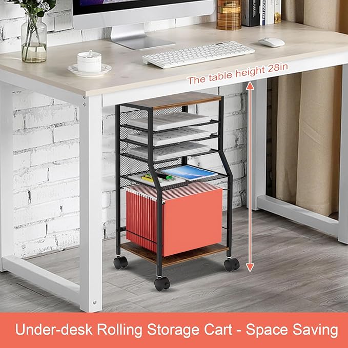 BOHDK Rolling File Cart, 6-Tier Under Desk Organizer on Lockable Wheels, Brown Wood Planks & Mesh File Cart with Hanging File Folders Rack and Paper Trays for Office Home, 14.7" L x 11.8" D x 27.5" H