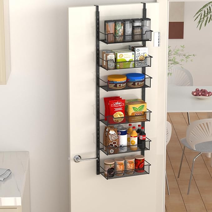 VyGrow 12.3" W Narrow Over the Door Pantry Organizer, 6-Tier Over the Door Organizer with Adjustable Basket, Pantry Door Organization for Pantry Kitchen Storage Room Spice Rack, Black