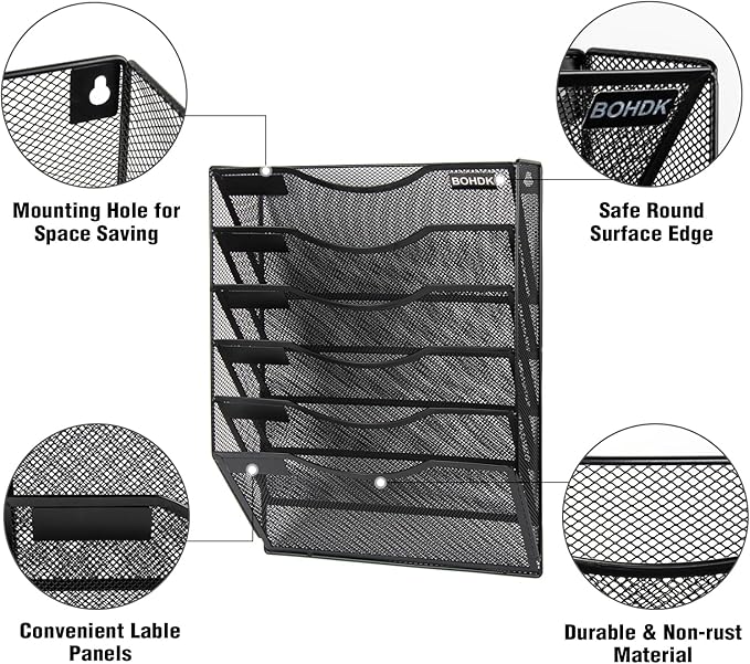 BOHDK Wall File Organizer, 6 Tier Hanging File Folder Mail Organizer, Vertical Mesh Metal Wall Mount Hanging File Holder, Paper Document Magazine Rack for Home Office Black