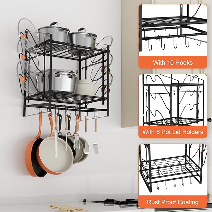 VyGrow 17 Inch Pot Rack Wall Mounted, 2 Tier Pots and Pans Organizer with 10 Hooks and 6 Pot Lid Holders, Heavy Duty Steel Pot and Pan Hanger for Kitchen Cookware Utensils Storage 24