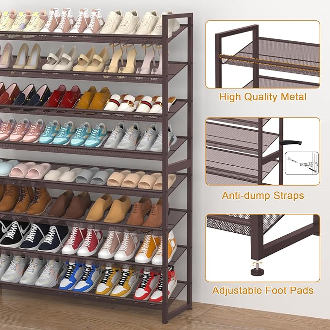 NEYCIL Large Shoe Rack 8 Tier Shoe Organizer, Heavy Duty Metal 4-Tier Stackable Shoe Storage Vertical Shoe Rack for Closet Front Door Entrance, Up to 50 Pairs, 44.8" W x 11.4" D x 56.7" H, Bronze