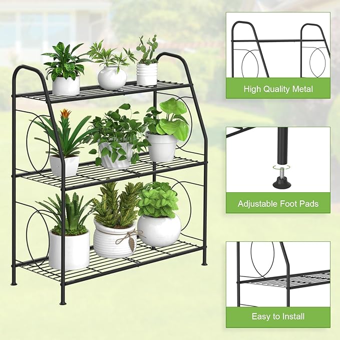 VyGrow Plant Stand, 3 Tier Plant Shelf for Indoor Outdoor, Heavy Duty Metal Outdoor Plant Stand Holder Rack for Living Room Balcony and Garden, Iron Wire, Black