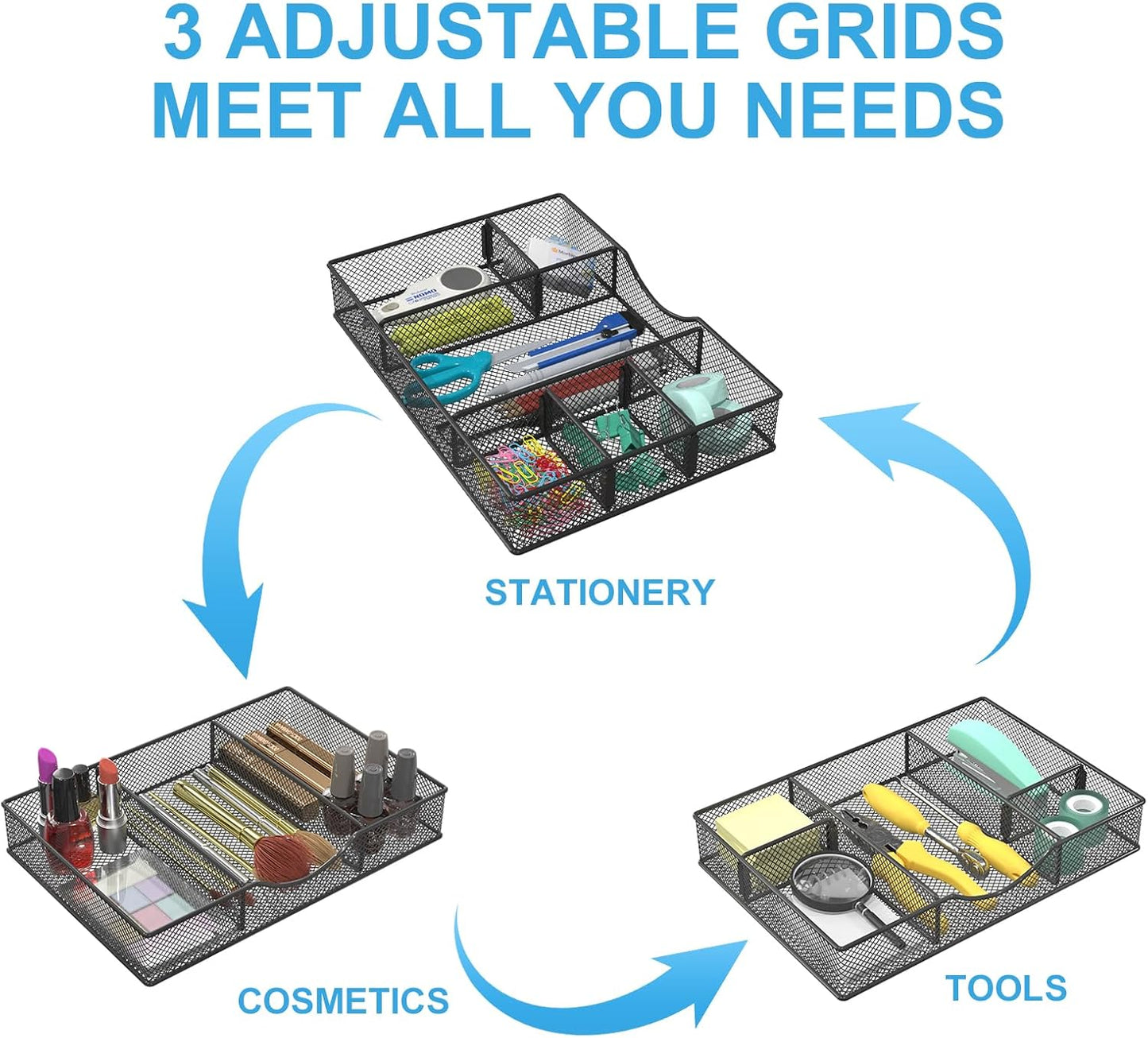 VyGrow Metal Mesh Desk Drawer Organizer Tray 6 Adjustable Compartment 12 x 8.26 x 1.96 inch Black