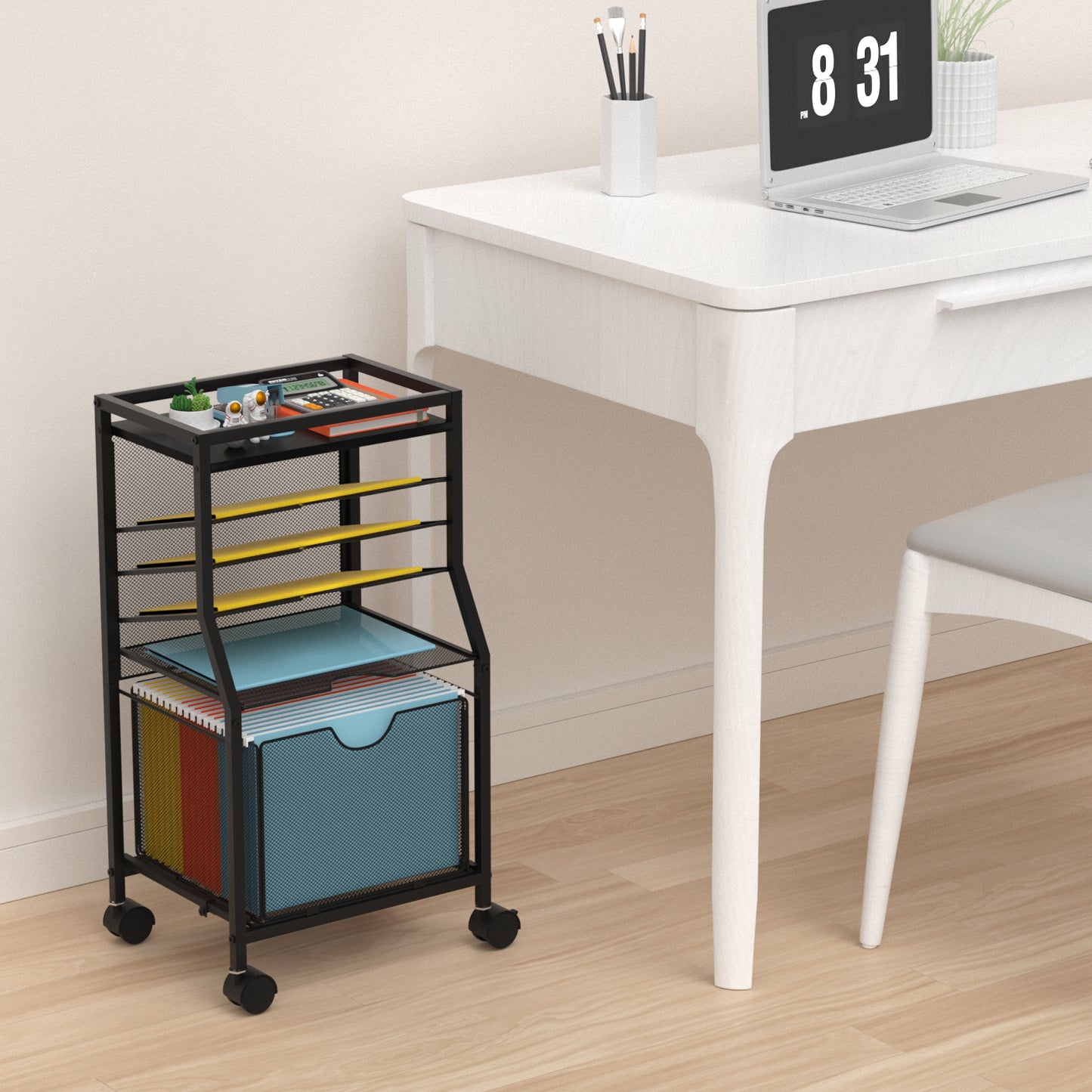 BOHDK Rolling File Cart, 6-Tier Desk File Organizer on Lockable Wheels, Black Wood Planks & Mesh Sliding Hanging Folder Drawer, Organization Cart for Office Home School