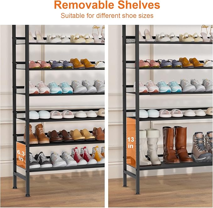 NEYCIL Large Shoe Rack 8 Tier Shoe Organizer, Heavy Duty Metal Shoe Storage Vertical Shoe Rack for Closet Front Door Entrance, Up to 28 Pairs, Top Wooden Storage Shelf, Black