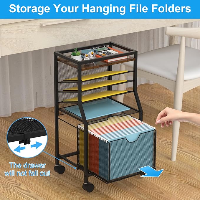 BOHDK Rolling File Cart, 6-Tier Desk File Organizer on Lockable Wheels, Brown Wood Planks & Mesh Sliding Hanging Folder Drawer, Organization Cart for Office Home School