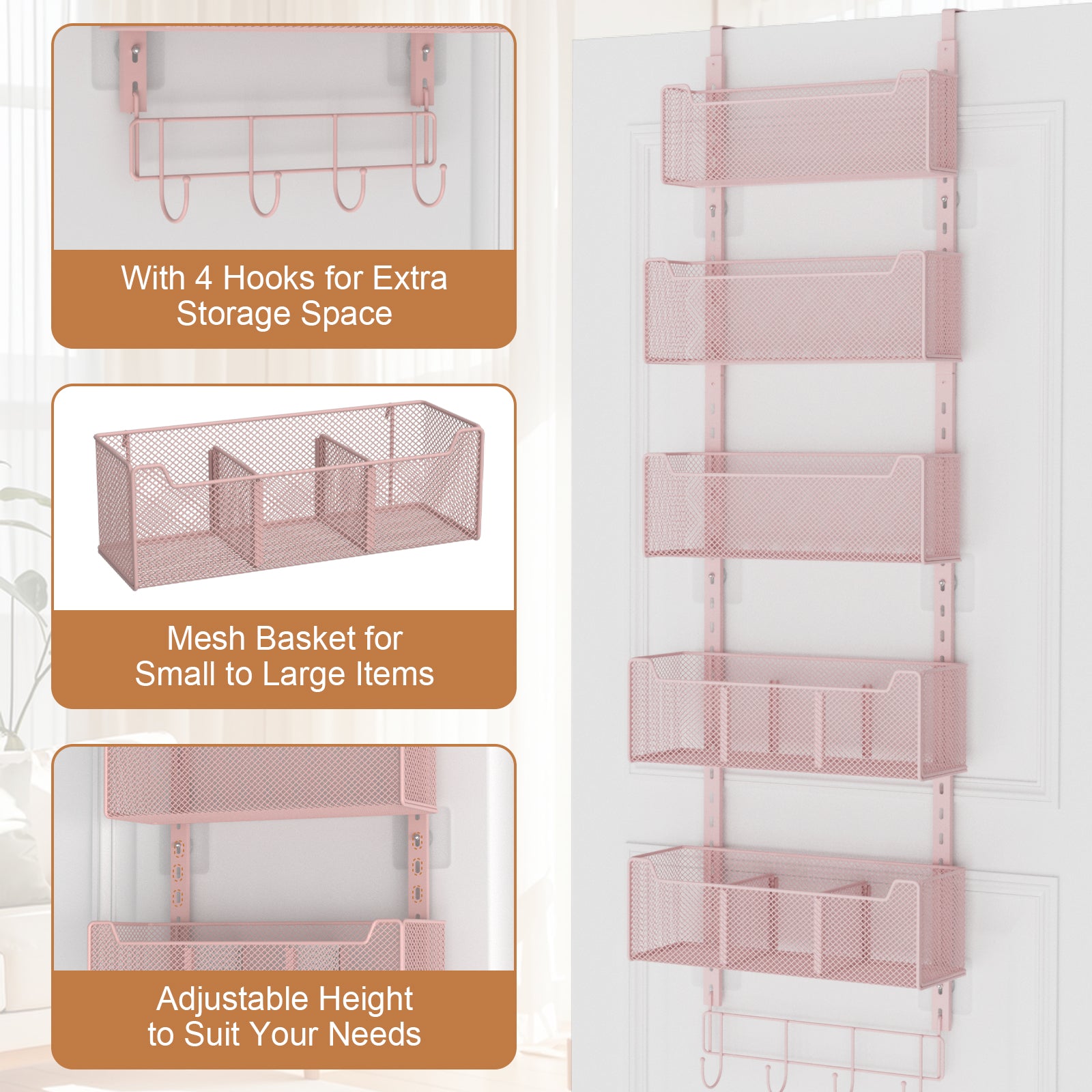 VyGrow Over The Door Organizer, Metal Door Organizer Hanging with 5 Adjustable Baskets and Coat Hook, Behind The Door Storage for Bedroom Closet Bathroom Pantry Cabinet Kitchen, Pink