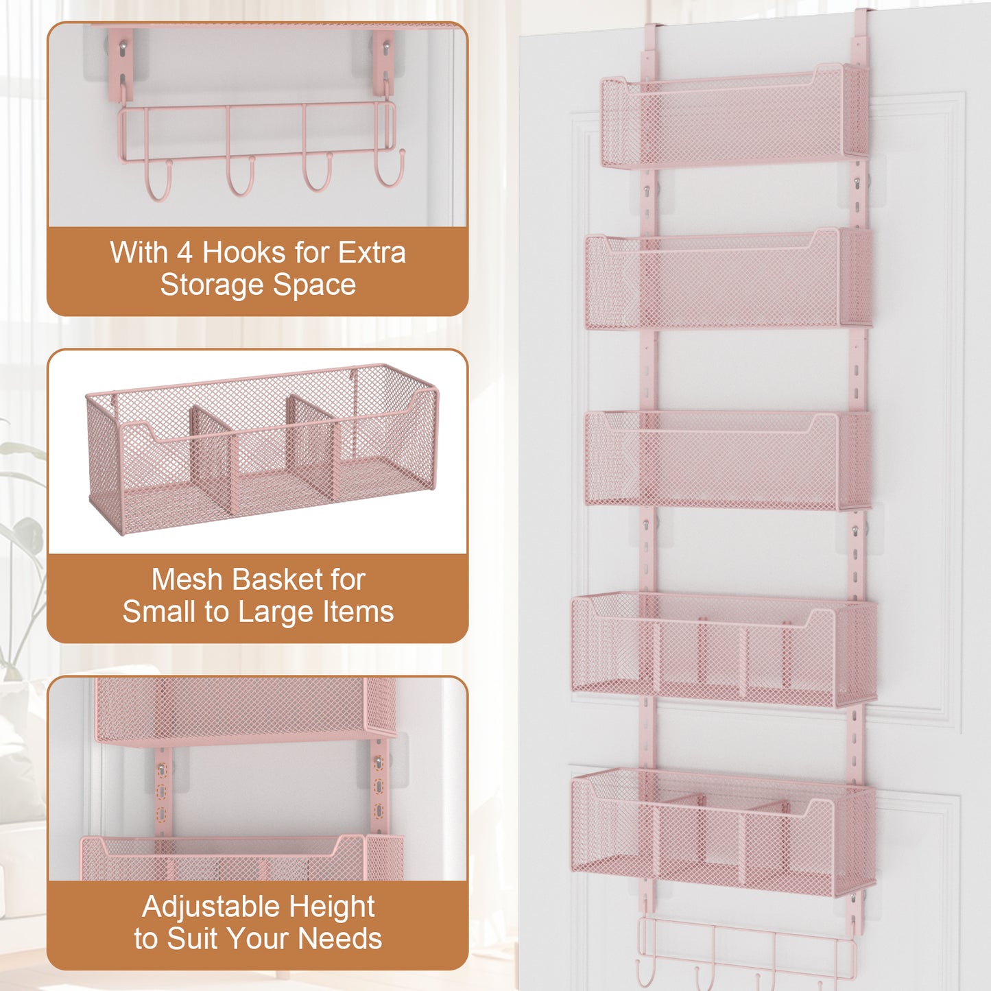 VyGrow Over The Door Organizer, Metal Door Organizer Hanging with 5 Adjustable Baskets and Coat Hook, Behind The Door Storage for Bedroom Closet Bathroom Pantry Cabinet Kitchen, Pink