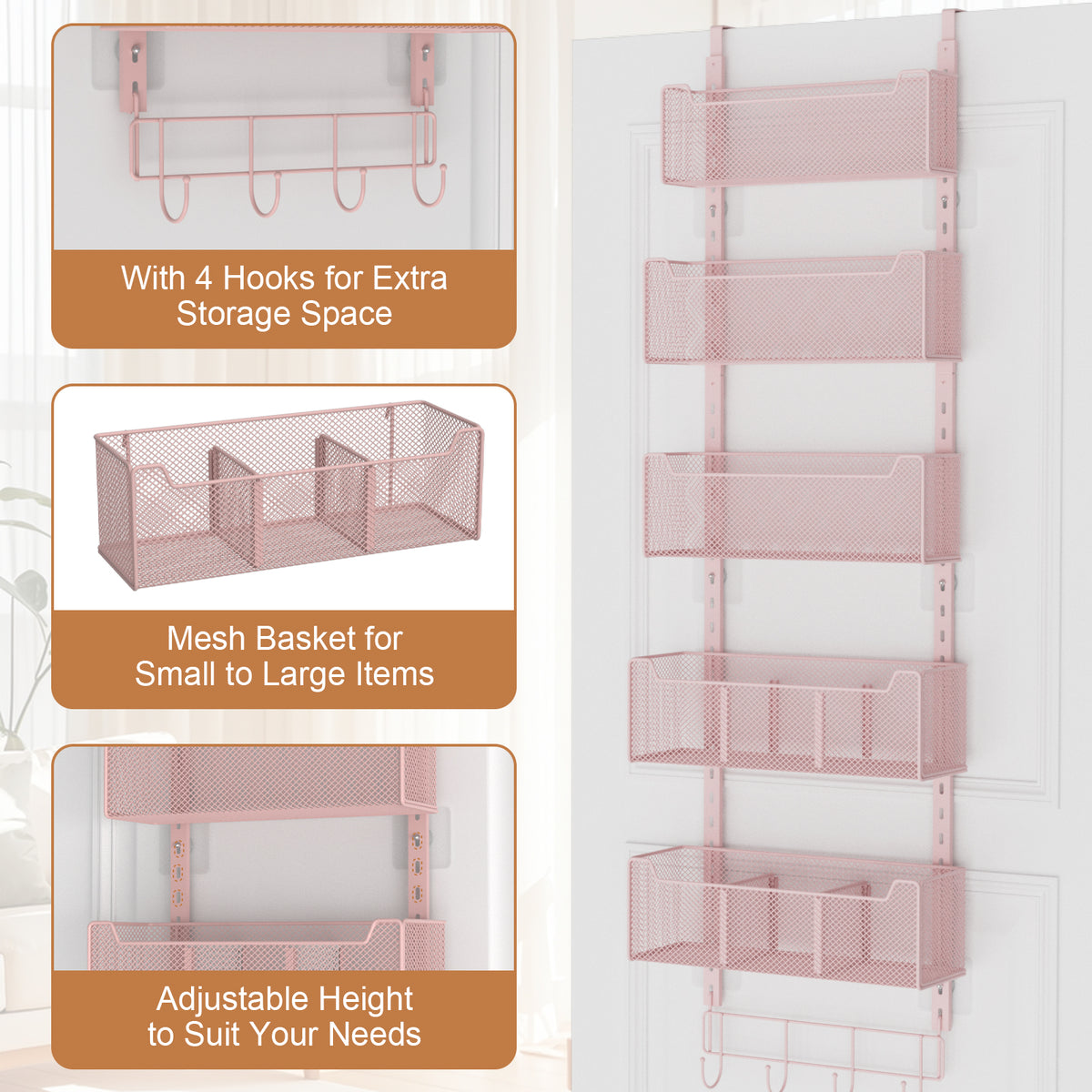 VyGrow Over The Door Organizer, Metal Door Organizer Hanging with 5 Adjustable Baskets and Coat Hook, Behind The Door Storage for Bedroom Closet Bathroom Pantry Cabinet Kitchen, Pink
