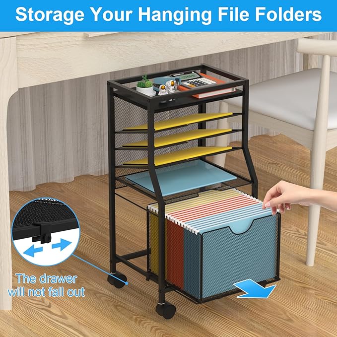 BOHDK Rolling File Cart, 6-Tier Desk File Organizer on Lockable Wheels, Black Wood Planks & Mesh Sliding Hanging Folder Drawer, Organization Cart for Office Home School