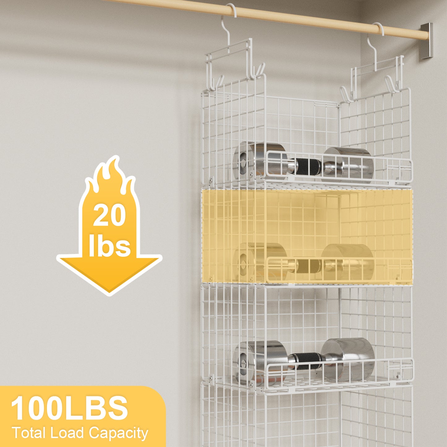 VyGrow 5 Tier Hanging Closet Organizer with Adjustable Dividers, Heavy-Duty Storage Shelves for Clothing, Kitchen, Laundry Room, Extra Large Baskets, 15.7" W x 11.8" D x 51" H, White