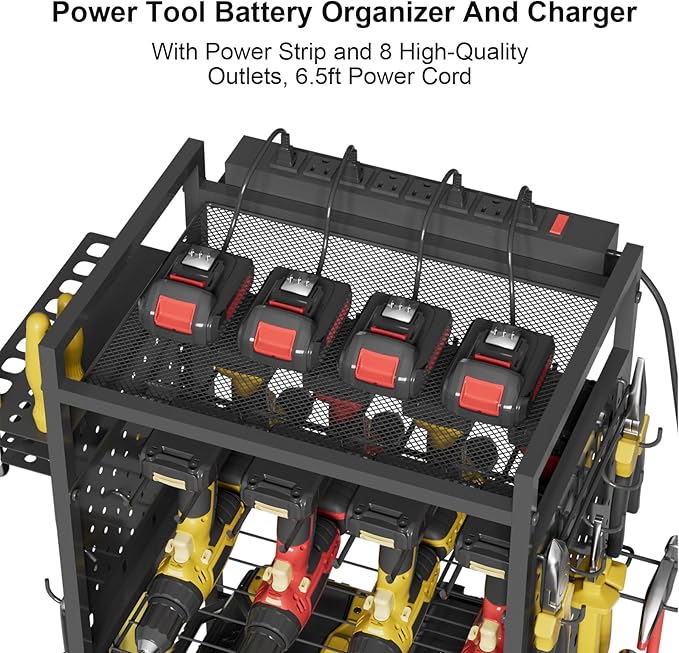 NEYCIL Power Tool Organizer Cart with Charging Station, Heavy Duty Garage Tool Organizer Rolling Tool Battery Storage with 8-Outlet Power Strip, 4 Wheels, 2 Hanging Baskets, 8 Hooks, Drill Bit Holder, Black