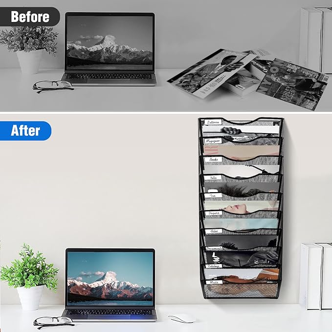 BOHDK Wall File Organizer, 10 Tire Hanging File Folder Mail Organizer, Vertical Mesh Metal Door/Wall Mount Hanging File Holder, Paper Document Magazine Rack with Hooks for Home Office Black