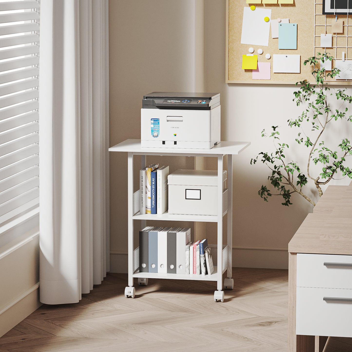 Printer Stand, 3-Tier Industrial Large Printer Table with Shelf, 23"x15" Mobile Heavy Duty Storage Rack on Wheels for Home Office Printer Fax Machine Scanner Copier, White