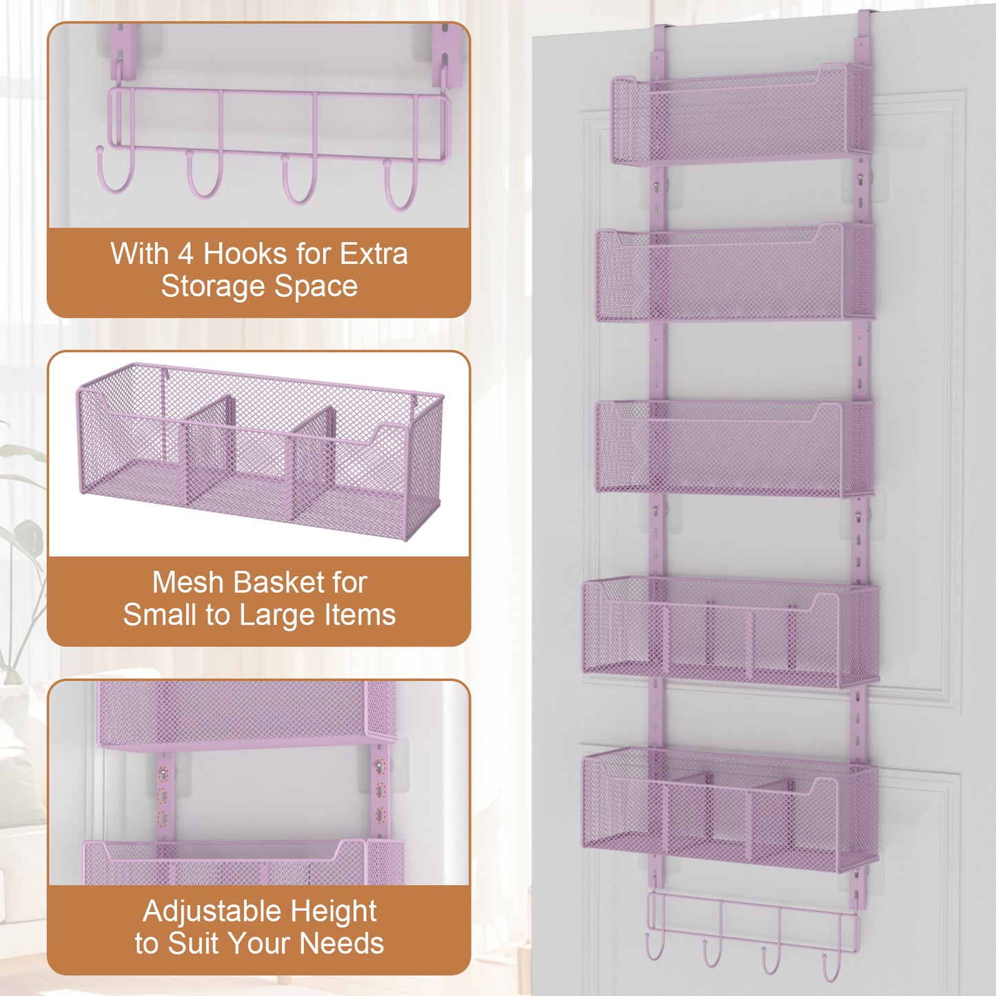 VyGrow Over The Door Organizer, Metal Door Organizer Hanging with 5 Adjustable Baskets and Coat Hook, Behind The Door Storage for Bedroom Closet Bathroom Pantry Cabinet Kitchen, Purple