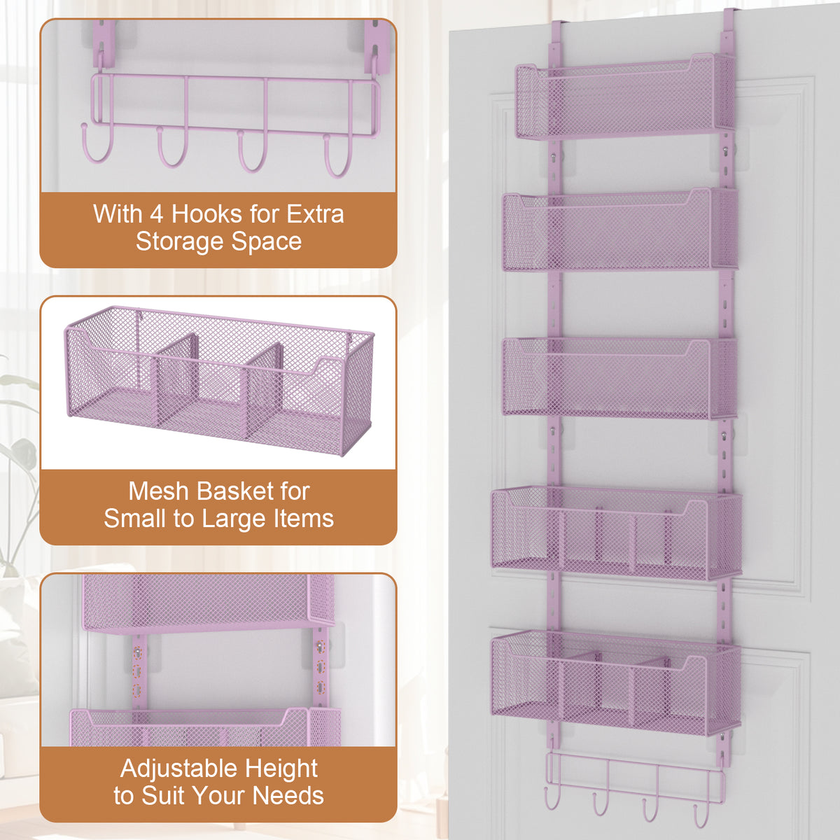 VyGrow Over The Door Organizer, Metal Door Organizer Hanging with 5 Adjustable Baskets and Coat Hook, Behind The Door Storage for Bedroom Closet Bathroom Pantry Cabinet Kitchen, Purple