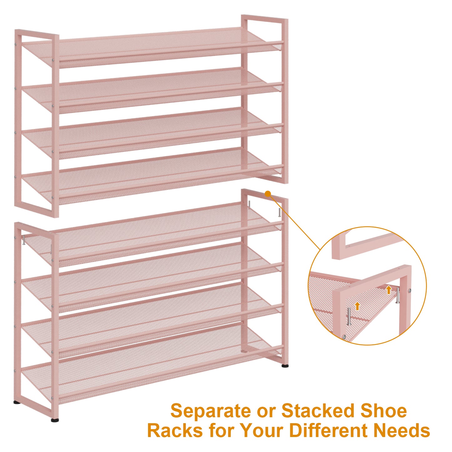 Large Shoe Rack 8 Tier Shoe Organizer, Heavy Duty Metal 4-Tier Stackable Shoe Storage Vertical Shoe Rack for Closet Front Door Entrance, Up to 50 Pairs, 44.8" W x 11.4" D x 56.7" H, Pink