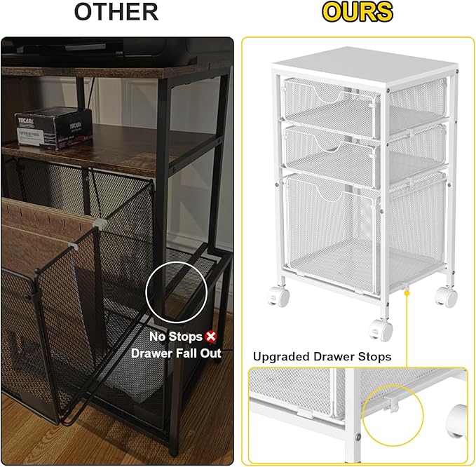 BOHDK Rolling File Cart with 3 Storage Drawers, Wood & Mesh Hanging File Folder Organizer with Wheels Under Desk, File Cabinets for Home Office, 11.81" D x 14.8" W x 25.39" H, White