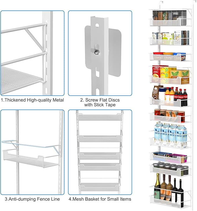 VyGrow Over the Door Pantry Organizer, 10-Tier Over the Door Organizer with Adjustable Basket, Pantry Door Organization for Pantry Kitchen Storage Room Spice Rack, White