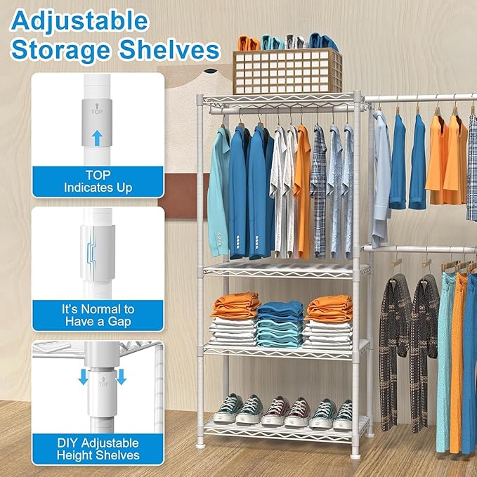 VyGrow Clothes Rack for Hanging Clothes, Adjustable Heavy Duty Clothing Rack with 4 Hang Rods & 7 Shelves, Load 800LBS, 70.47" L x 13.58" W x 76.77" H, White