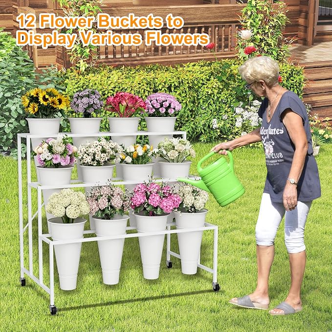 NEYCIL Flower Stand, 3-Tier Flower Display Stand with Buckets for Indoor Outdoor, Flower Cart Display Stand with Wheels for Courtyard, Balcony, Flower Shop, Wedding, Party, Exhibition, White