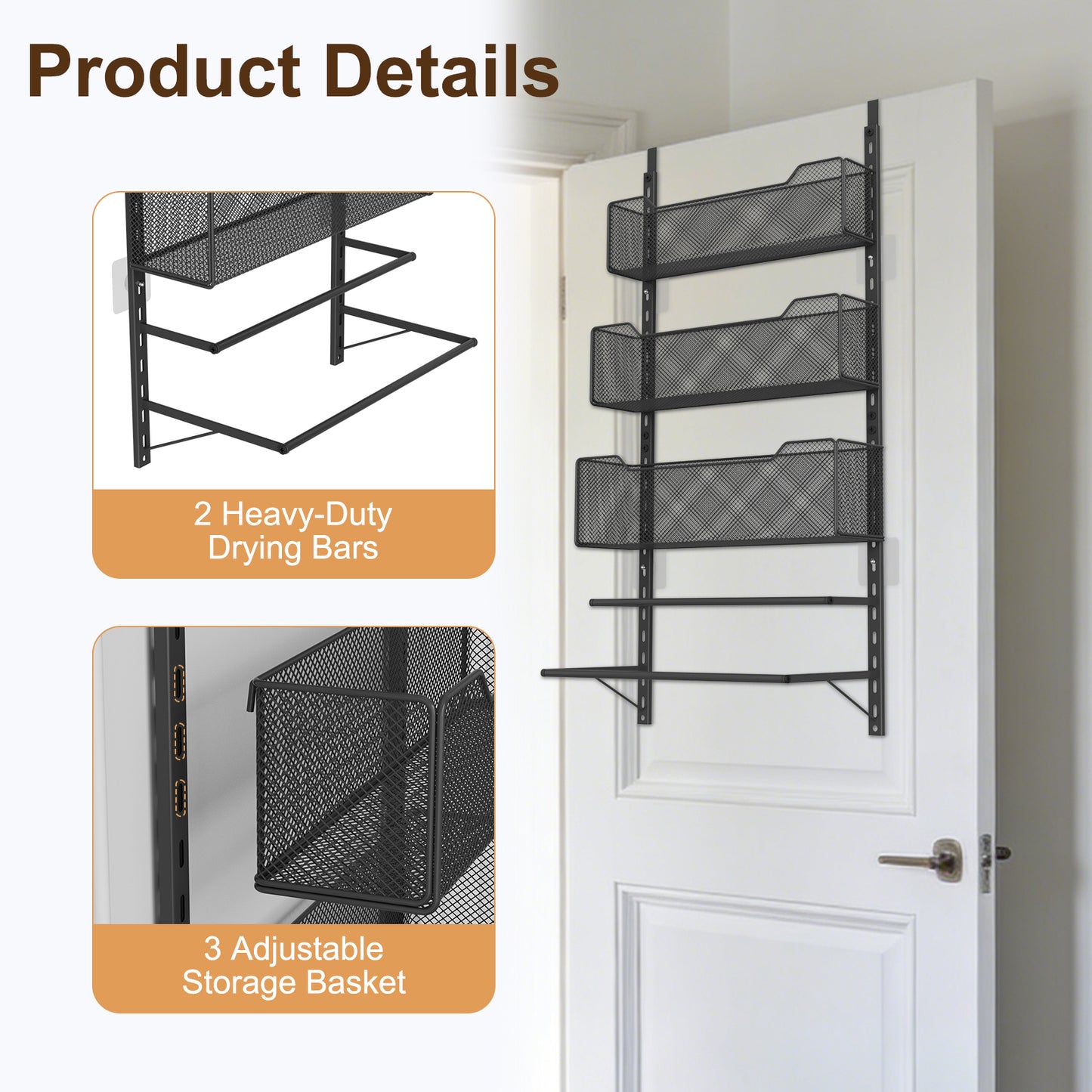 VyGrow Over The Door Clothes Hanging Rod with 3 Tier Mesh Baskets, Metal Over The Door Hanger for Coat, Clothes Drying Rack for Door for Laundry Bathroom Bedroom Office, Black