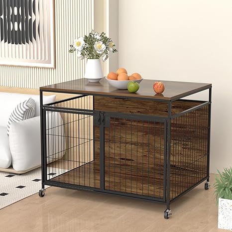 VyGrow Dog Crate Furniture for Large Dogs, Wooden Dog Kennel with Double Doors, Heavy Duty End Table Dog Crate for Dogs Indoor, Rotating Wheels or Foot Pads (39.4" L x 28.3" W x 31.7" H)