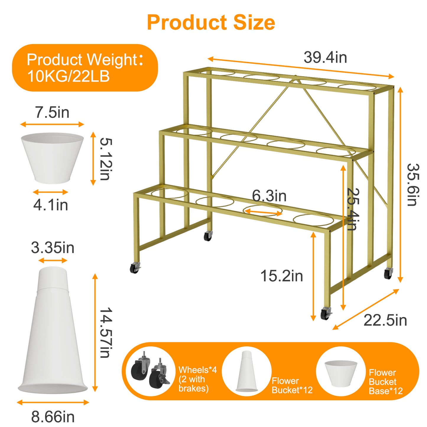 Flower Stand, 3-Tier Flower Display Stand with Buckets for Indoor Outdoor, Flower Cart Display Stand with Wheels for Courtyard, Balcony, Flower Shop, Wedding, Party, Exhibition (Gold)
