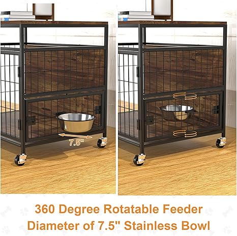 VyGrow Dog Crate Furniture with Wheels, 31" Heavy Duty Wooden Side End Table, Indoor Dog Kennel Furniture for Small/Medium Dog, Double Doors & 360 Degree Rotating Stainless Bowl 31" Lx21.6 Wx27.5 H