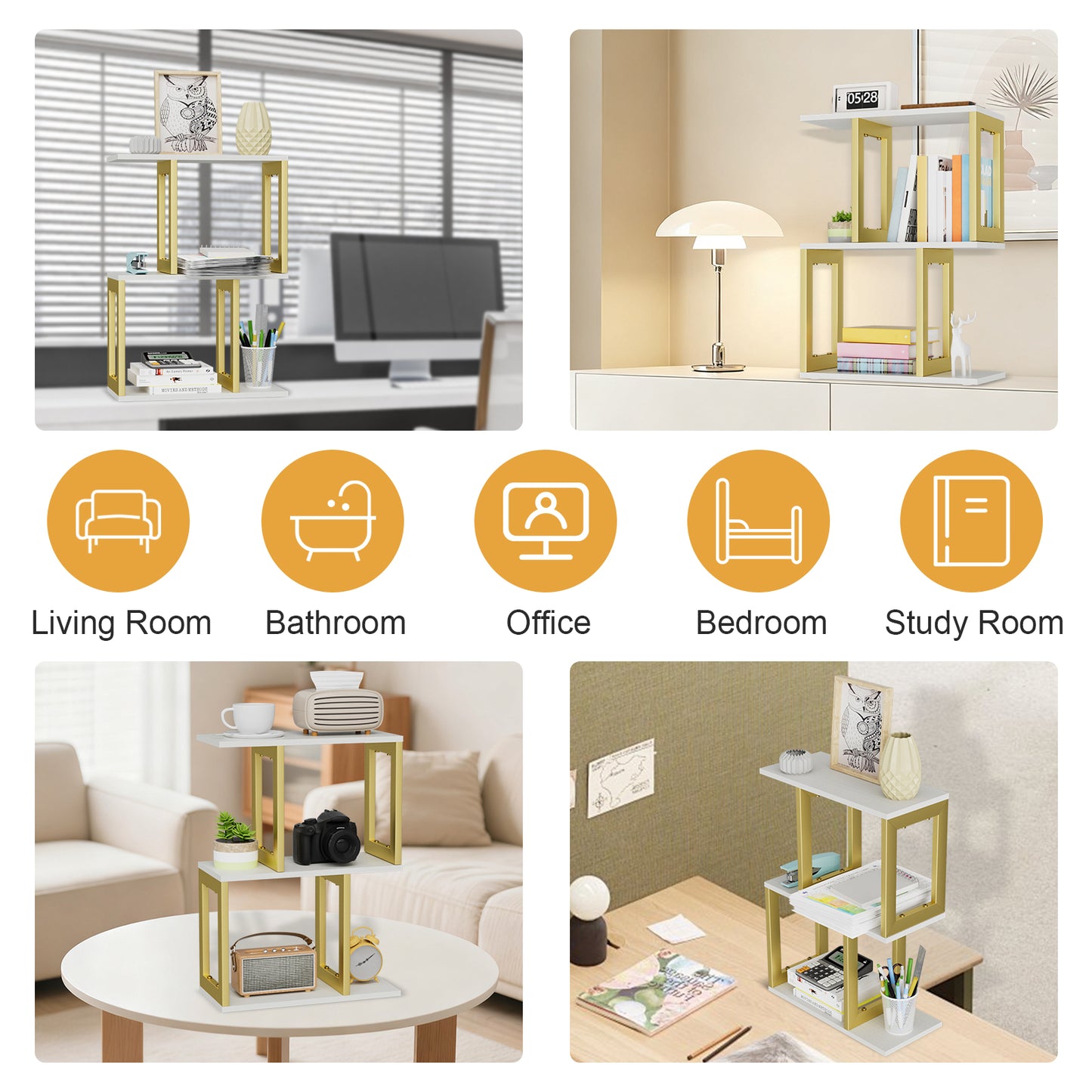 Book Shelf, 3-Tier Small Bookshelf for Desk Organizer Corner Bookshelf Table Top Shelving, White & Gold Decor Aesthetic Desk Hutch for Office Home Dorm