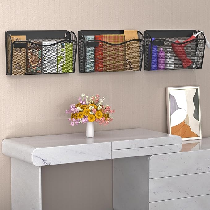 BOHDK Wall File Organizer, Mesh Hanging File Organizer, Home Office Organization and Storage, 3 Single Pockets Document Magazine Rack