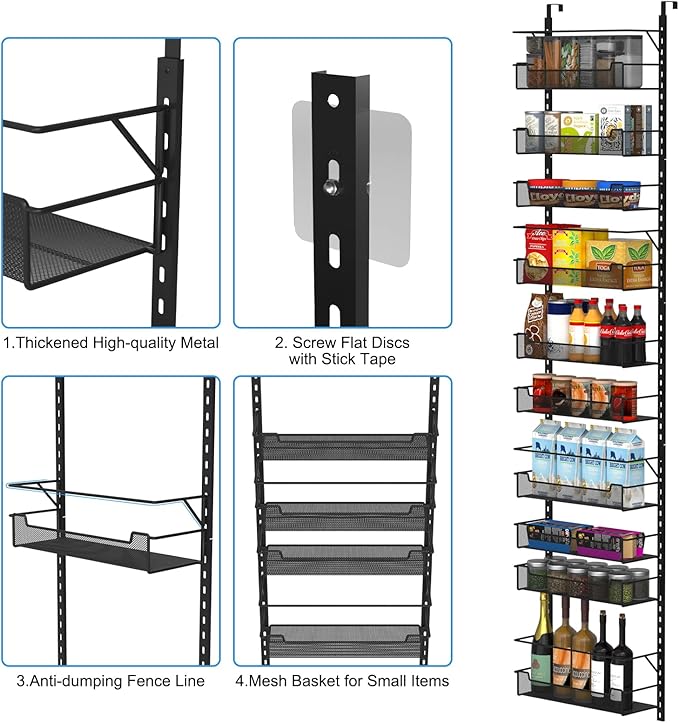VyGrow Over the Door Pantry Organizer, 10-Tier Over the Door Organizer with Adjustable Basket, Door Organization for Pantry Kitchen Storage Room Spice Rack, Black