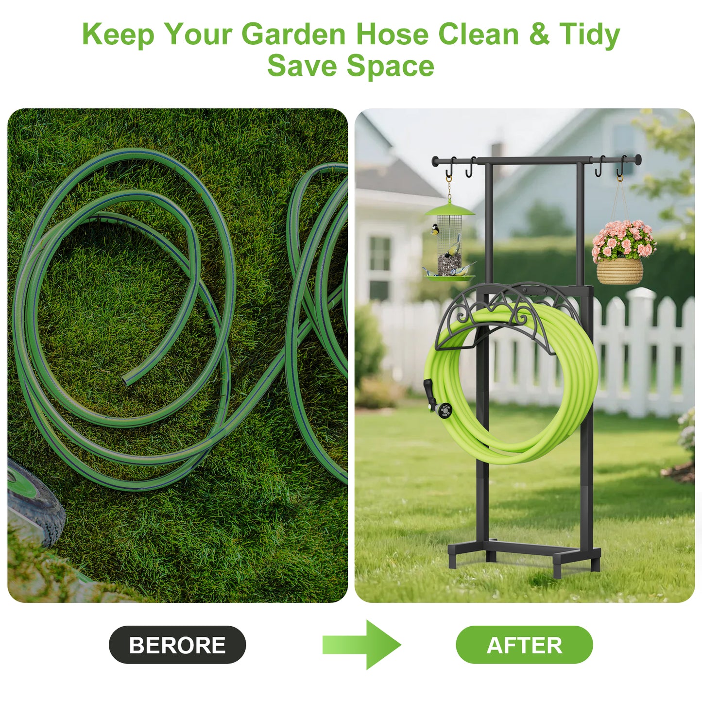 Garden Hose Holder with Telescopic Pole, Upgraded Heavy Duty Hose Stand Holds 150ft with 4 Spikes, Freestanding Metal Hose Storage and Hanger for Outside Yard Lawn Farm, Black