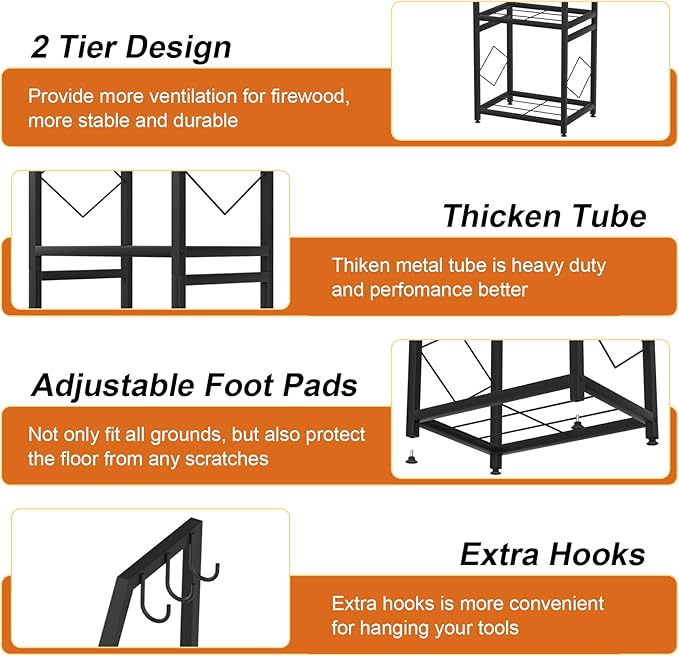 VyGrow Firewood Rack for Indoor, 2-Tier Firewood Holder with 3 Hanging Hooks, Heavy Duty Wood Rack for Outdoor Patio, Black
