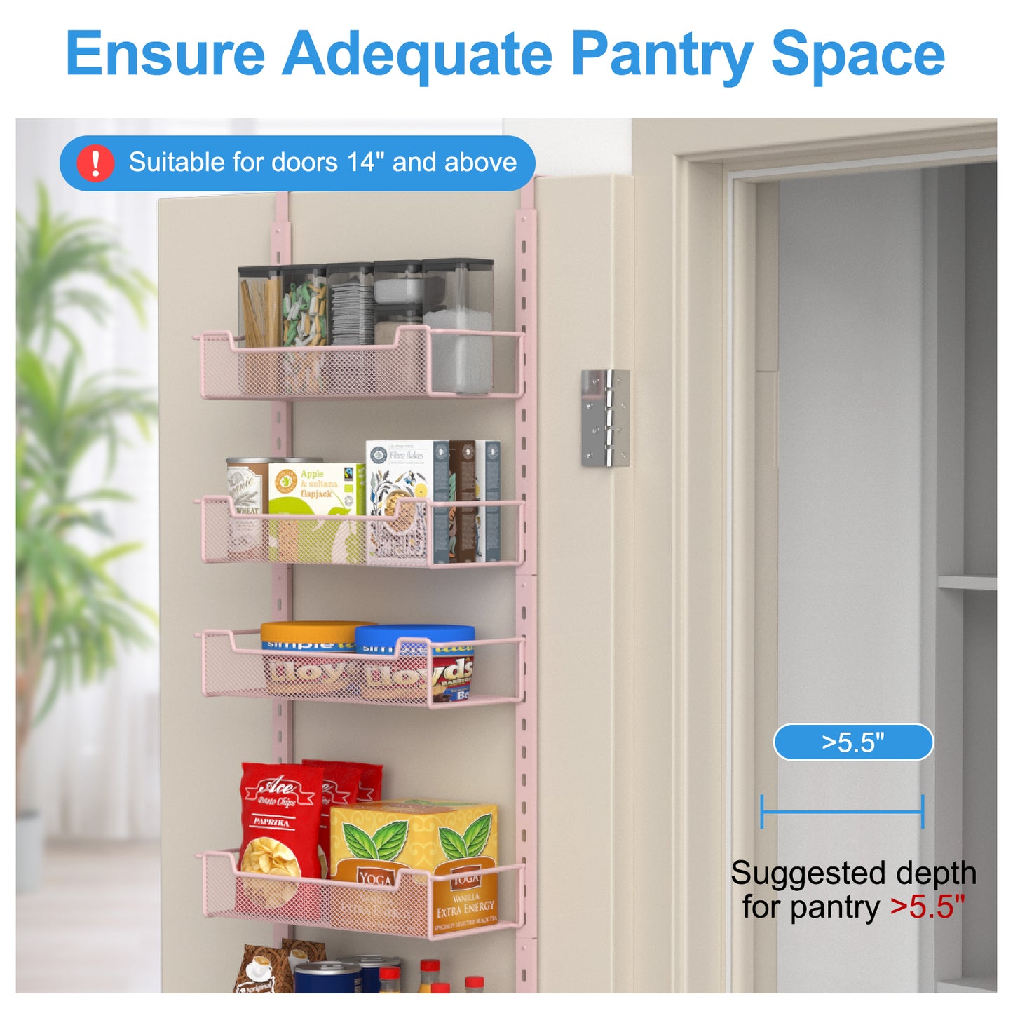 VyGrow 12.3" W Narrow Over the Door Pantry Organizer, 6-Tier Over the Door Organizer with Adjustable Basket, Pantry Door Organization for Pantry Kitchen Storage Room Spice Rack, Pink