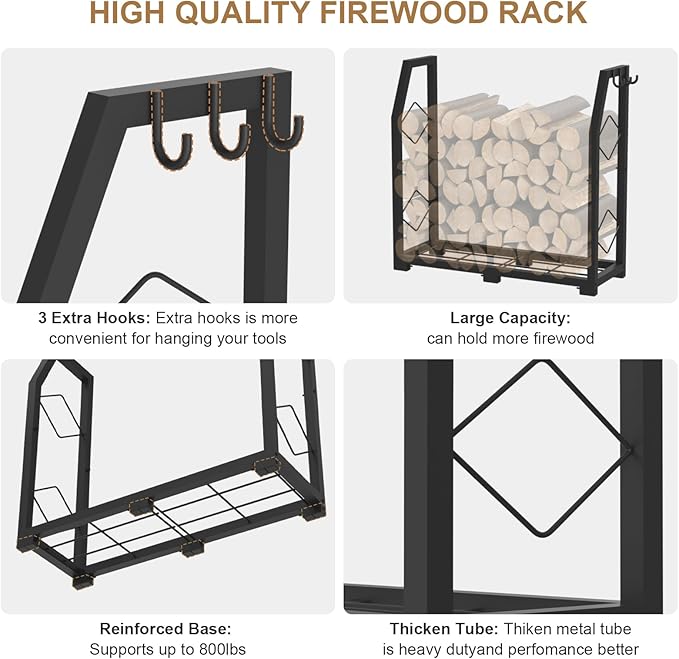 VyGrow Firewood Rack for Outdoor, Firewood Holder with 3 Hanging Hooks, Heavy Duty Wood Rack for Indoor Outdoor Patio, Black