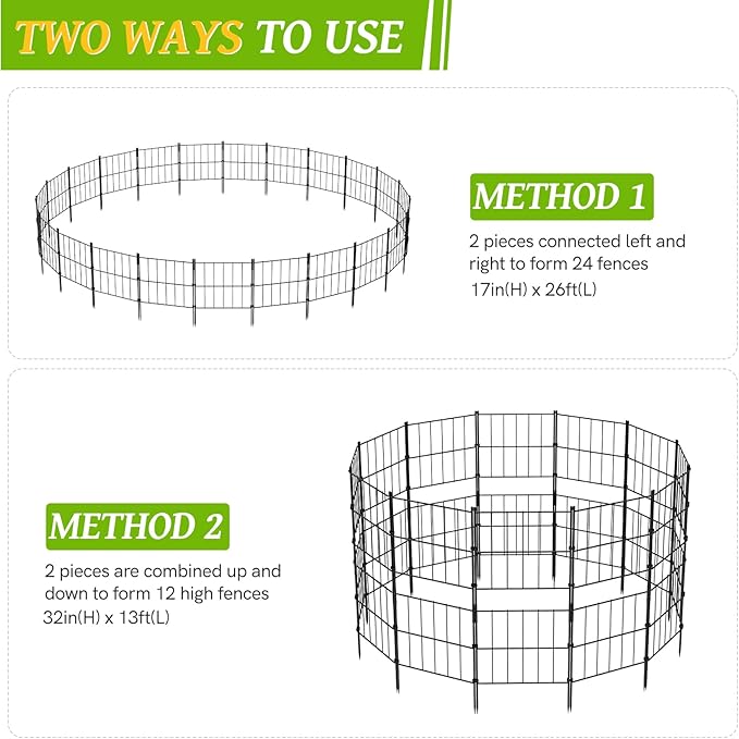 NEYCIL Garden Fence Tall 32in(H) x 13ft(L), 24 Panels Stackable Animal Barrier, Metal Garden Fencing 17in(H) x 26ft(L), Decorative No Dig Fence Rectangle Border for Garden, Yard, Patio, Outdoor, Black
