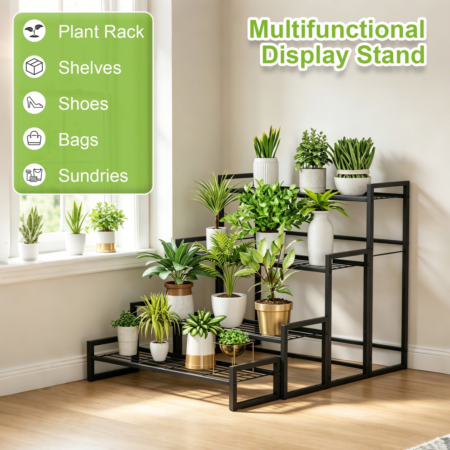 VyGrow Plant Stand, 4 Tier Stackable Tiered Plant Stand, Scalable Heavy Duty Tall Plant Shelf for Indoor Outdoor, Garden, Display Shelves, Flower Pot Holder, Blacken, Display Shelves, Flower Pot Holder, Black